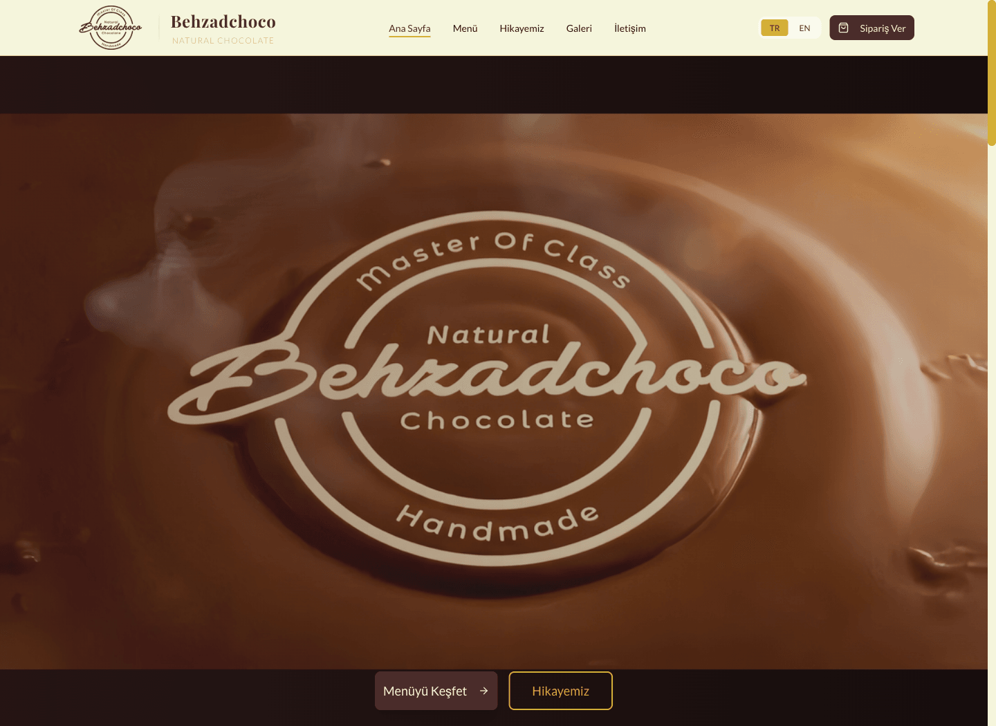 Behzadchoco homepage opening scene featuring its chocolate texture and brand mark.
