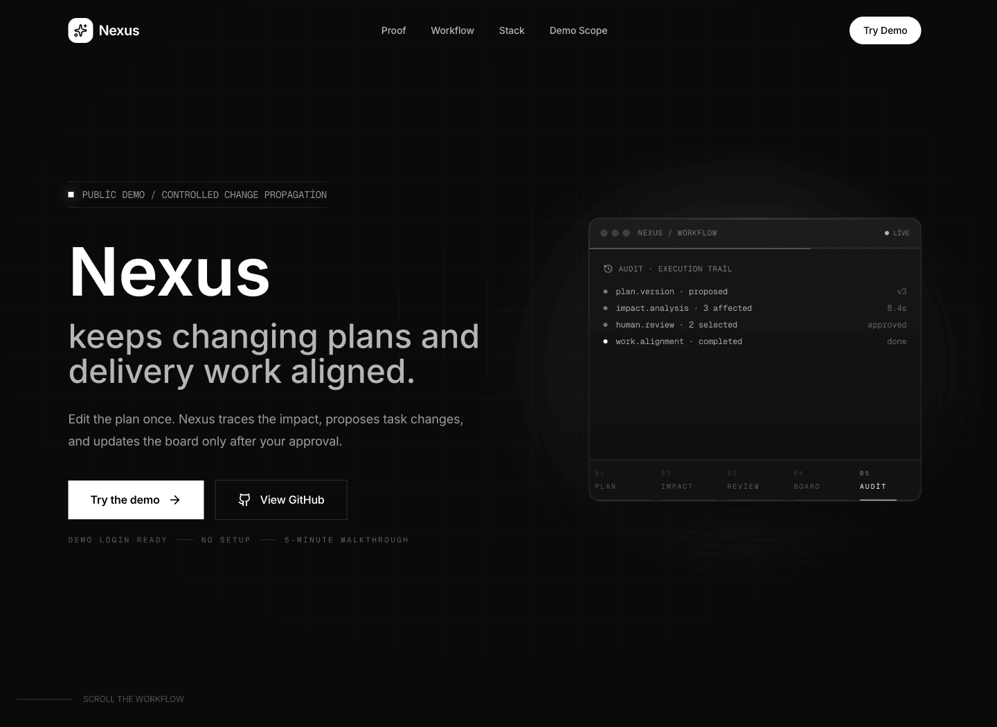 Nexus landing page showing a controlled plan-change workflow.