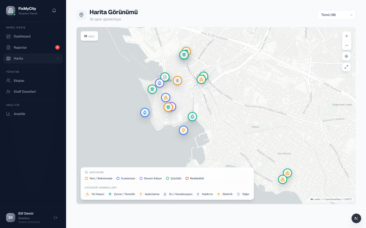 FixMyCity municipality dashboard map showing geolocated civic reports.